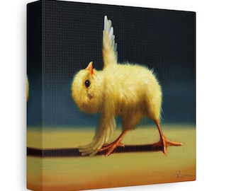 May include: A yellow baby chick with one wing outstretched, walking on a brown surface. The chick has a fluffy yellow body and a small beak.