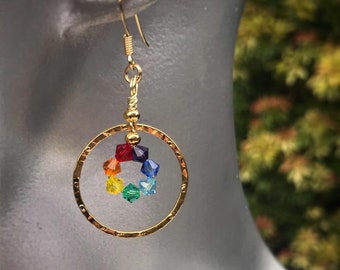 rainbow chakra gold hoop earrings, colourful Swarovski crystal statement earrings, textured metal, Lancashire made by elfin alchemy