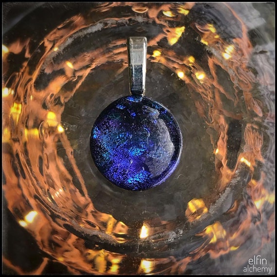 sparkly abstract blue/purple fused glass pendant and cord necklace by elfin alchemy, a unique colourful wearable work of art