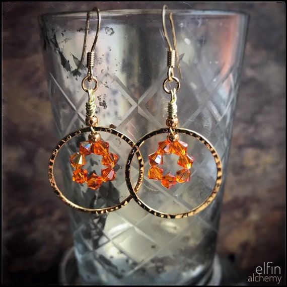orange statement gold hoop earrings with Swarovski crystals, textured metal, Lancashire made by elfin alchemy