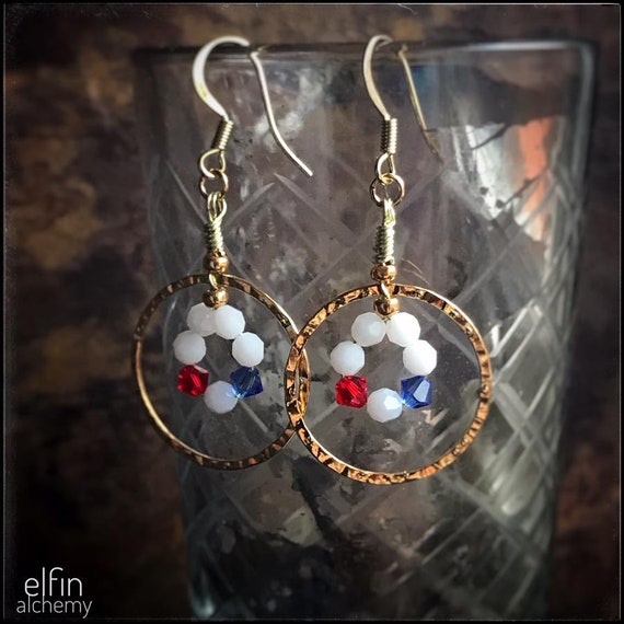 red, white and blue earrings, statement gold hoops with Swarovski crystals, footie fan jewellery, by elfin alchemy