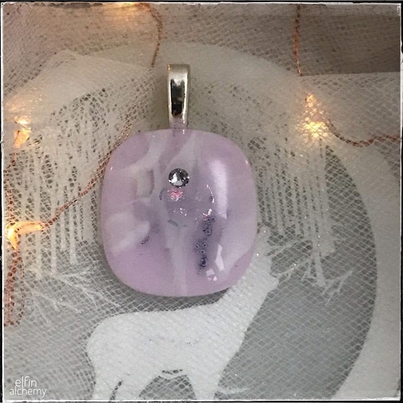 abstract pink fused glass pendant with Swarovski crystal by elfin alchemy