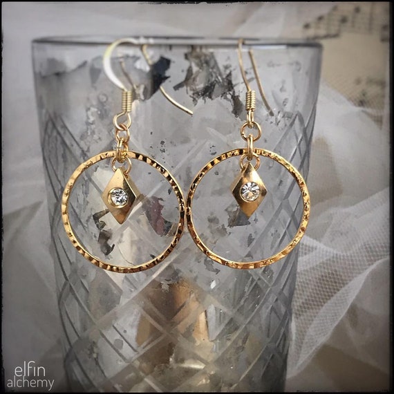 textured gold hoop earrings with Swarovski charm dangle, statement earrings, zoom jewellery, handcrafted in Lancashire, elfin alchemy