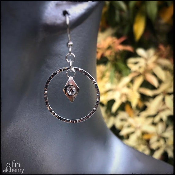 textured silver hoop earrings with Swarovski charm dangle, statement earrings, zoom jewellery, handcrafted in Lancashire, elfin alchemy