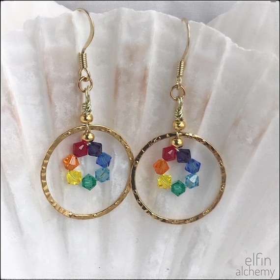 rainbow chakra gold hoop earrings, colourful Swarovski crystal statement earrings, textured metal, Lancashire made by elfin alchemy