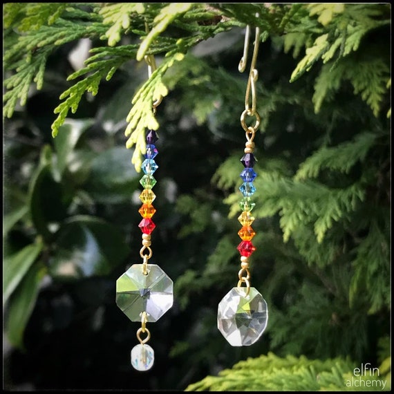 2x rainbow light-catcher Christmas decorations, set of recycled chandelier crystal Christmas decor, handcrafted in Lancashire, elfin alchemy