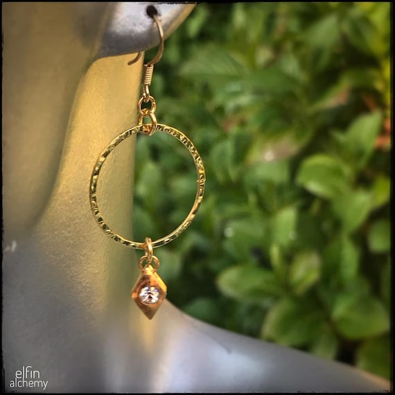 textured gold hoop earrings with Swarovski charm dangle, statement earrings, zoom jewellery, handcrafted in Lancashire, elfin alchemy