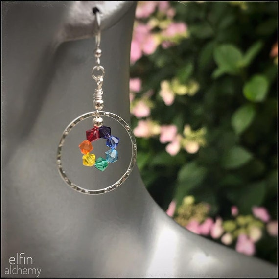 rainbow / chakra statement silver hoop earrings with Swarovski crystals, textured metal, Lancashire made by elfin alchemy