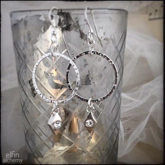 textured silver hoop earrings with Swarovski charm dangle, statement earrings, zoom jewellery, handcrafted in Lancashire, elfin alchemy