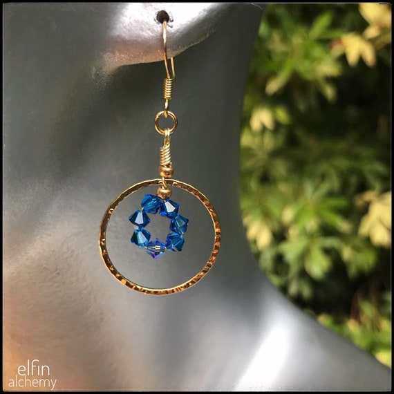 beautiful blue statement gold hoop earrings with Swarovski crystals, Lancashire made by elfin alchemy