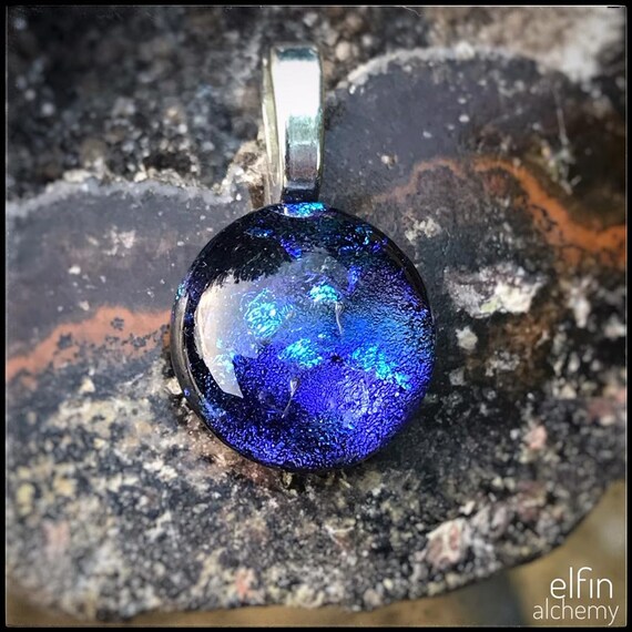 sparkly abstract blue-purple fused glass pendant by elfin alchemy