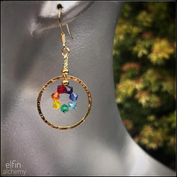 rainbow chakra gold hoop earrings, colourful Swarovski crystal statement earrings, textured metal, Lancashire made by elfin alchemy