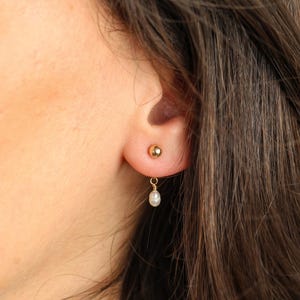Gold Filled, pearl drop studs freshwater, pearl earrings, removable back chain, dainty earring jackets, bridal jewelry, minimalist earring