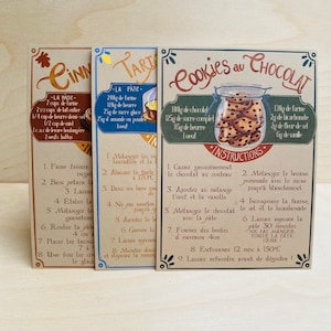 Lot de trois Cartes postales de recettes illustrées /Cinnamon Buns / Tarte au citron meringuée / Cookies au chocolat / format A6