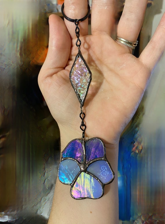 Blue Pansy Window Hanging-Iridescent Stained Glass Suncatcher