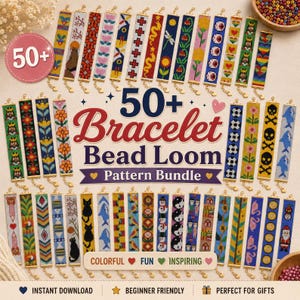 May include: A collection of over 50 colorful beaded loom bracelets featuring diverse patterns including flowers, animals, geometric shapes, and holiday themes. The central text reads 50+ Bracelet Bead Loom Pattern Bundle with additional text.
