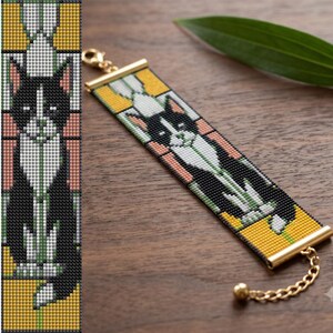 Mönster för brett armband i färgat glas med svart katt | Pärlvävstol, Miyuki Delica (PDF PNG)