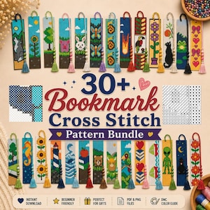 May include: A collection of over 30 cross-stitch bookmark patterns featuring diverse designs including animals, nature, and celestial motifs, displayed with colorful tassels and a digital pattern grid for embroidery projects.