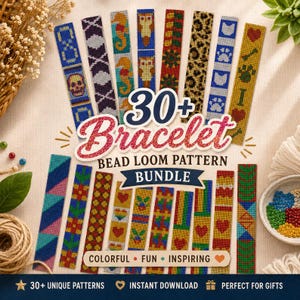 May include: A collection of colorful bead loom bracelet patterns. The image features a variety of designs, including skulls, seahorses, and paw prints. The text reads "30+ Bracelet Bead Loom Pattern Bundle" with additional text: "Colorful, Fun, Inspiring".