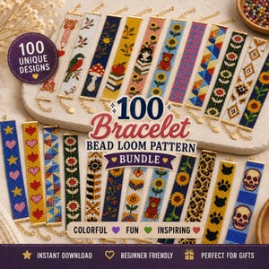 May include: A collection of rectangular bead loom bracelets featuring various graphic patterns including flowers, animals, skulls, hearts, and geometric shapes. The text 100 Bracelet Bead Loom Pattern Bundle is displayed in the center with 100 Unique Designs.