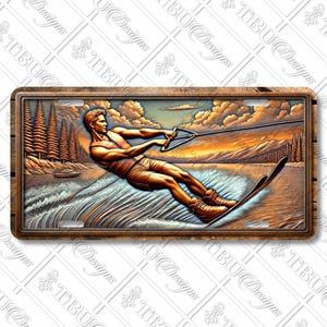 Water Skiing License Plate – Embossed Metal Look | Summer Lake Scene | Watersport Gift for Him | TBU Designs Aluminum Tag