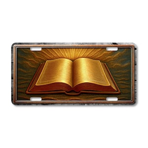 Golden Bible License Plate: Radiant Scripture Design, Faith-Based Metal Art