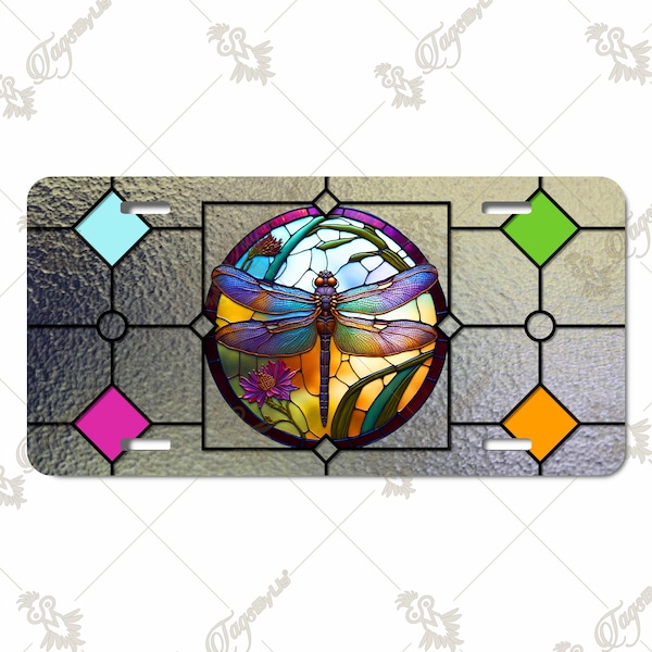 Dragonfly on Stained Glass License Plate with Optional Matching Key Chain