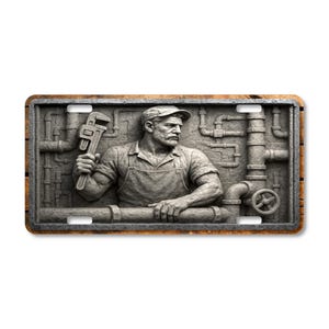 Plumber with Wrench License Plate - Flat Sublimated Car Tag