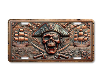 Pirate Skull & Swords Aluminum License Plate: Nautical Art Design