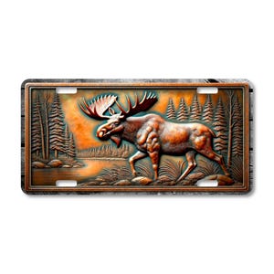 Majestic Moose License Plate: Rustic Copper-Look Metal Art, Cabin Decor