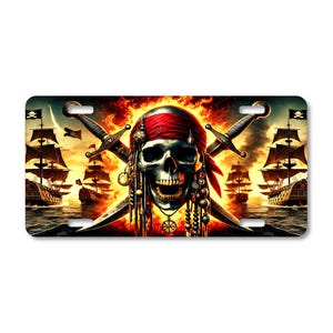 Pirate Skull Aluminum License Plate: Fiery High Seas Design