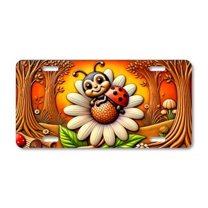 Ladybug License Plate: Cartoon Bug on Daisy, Whimsical Car Tag