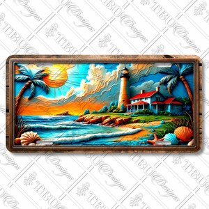 Sunset Lighthouse Aluminum License Plate with Coastal Scene, Palm Trees, and Vibrant Sublimation Print