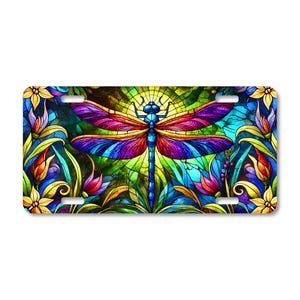 Dragonfly License Plate: Stained Glass Floral Design, UV Protected Aluminum