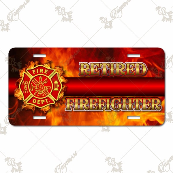 Retired Firefighter with Flames License Plate with Optional Matching Key Chain