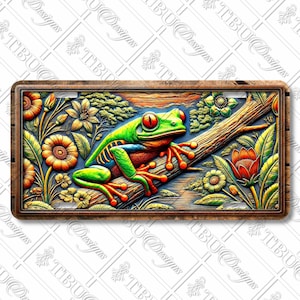 Vibrant Tree Frog License Plate – Tropical Rainforest Wildlife Art for Car, RV, or Home