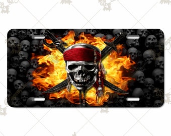 Pirate and Skulls License Plate with Optional Matching Key Chain