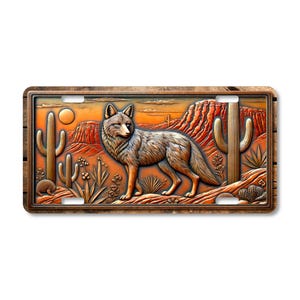 Rustic Coyote License Plate: Western Desert Wildlife Art, Embossed-Look
