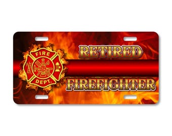 Retired Firefighter License Plate: Flames Design, Weather Resistant Aluminum