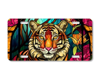 Tiger Head Faux Stained Glass License Plate