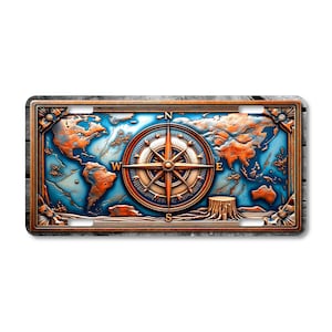 Rustic Compass World Map License Plate: Embossed-Look Metal Travel Art