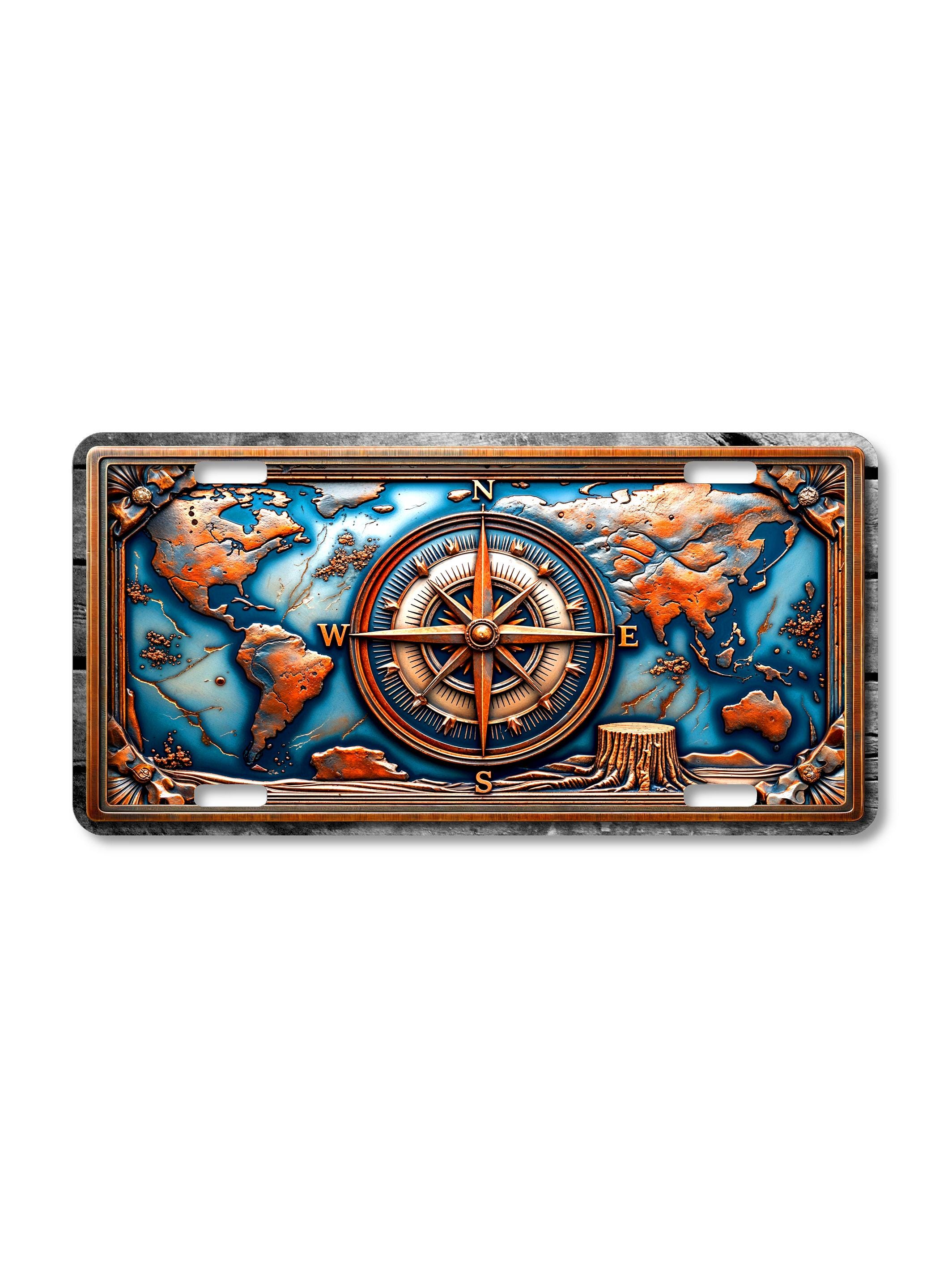 Compass License Rustic Compass World Map License Plate: Embossed-look Metal Travel Art ...