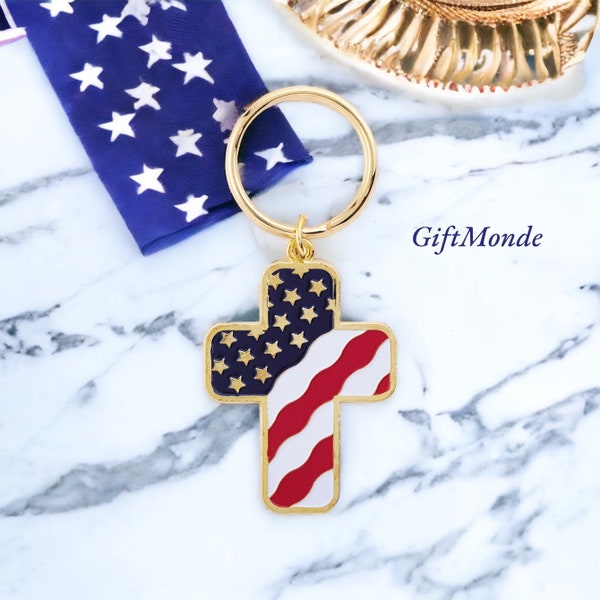 United States USA Flag Cross Key Chain Gold Red White Blue Stars Stripes Keychain Car House Ring Holder Veterans, Front Line, Thank You Gift