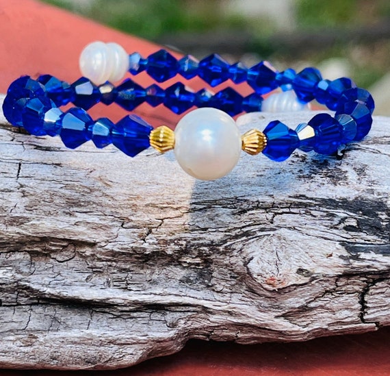 Pearl and Sapphire Blue Fine Crystal Beaded Gold Wire Wrap