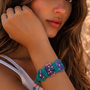 Turquoise Macrame Cuff, Pink Purple Beaded Wristband, Boho Summer Bracelets