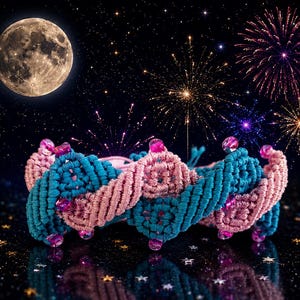 Puede incluir: Una pulsera de macramé con un diseño trenzado de cordón color verde azulado y rosa claro, acentuada con pequeñas cuentas rosas translúcidas integradas en el patrón tejido. La pulsera se muestra sobre un fondo oscuro con una luna llena.