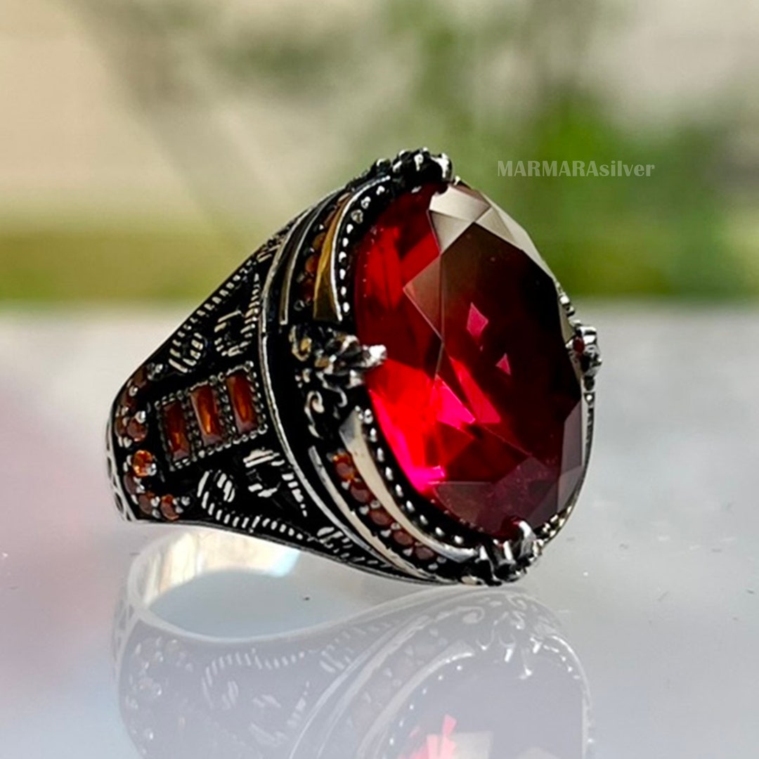 Sterling 925K Silver Men's Ring Turkish Handmade Jewelry Ruby Red Stone ...