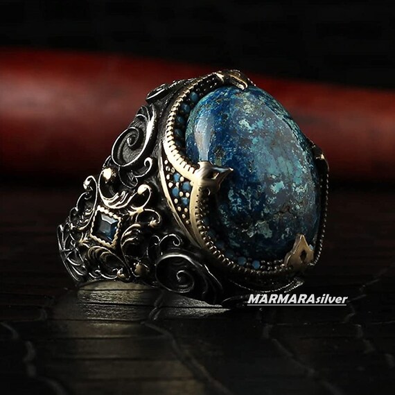 925 Sterling Silver Turkish Handmade Jewelry Natural Azurite Stone