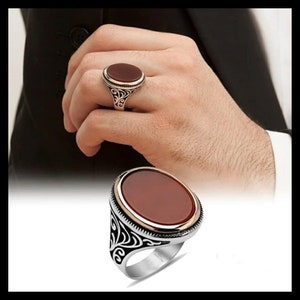Men's Ring Turkish 925 Sterling Silver Handmade Jewelry Agate Aqeeq Stone All Size