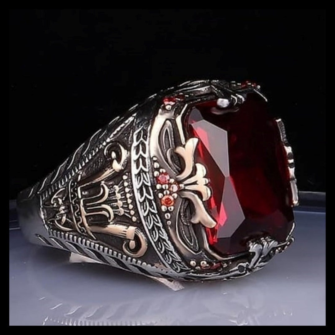 Sterling 925K Silver Men's Ring Turkish Handmade Jewelry Red Ruby Stone ...